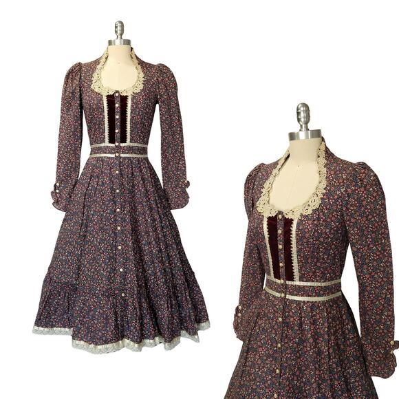 Gunne Sax Floral Midi Dress Size 9 S Velvet Button Vintage 70s Calico Lace - Picture 1 of 10